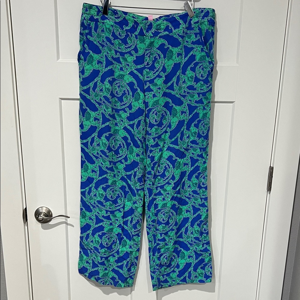 Lily Pulitzer Get Trunky Blue Green Rayon Resort Pant Sz L